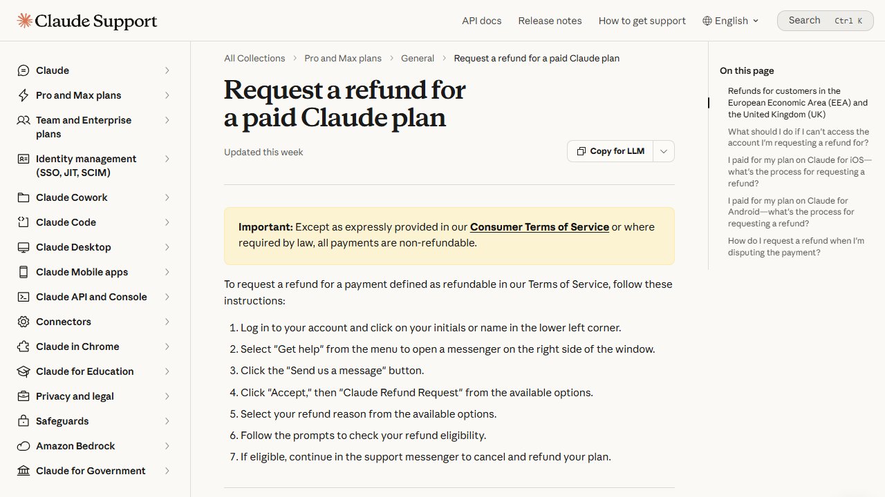 support.claude.com official page screenshot: Request a refund for a paid Claude plan | Claude Help Center
