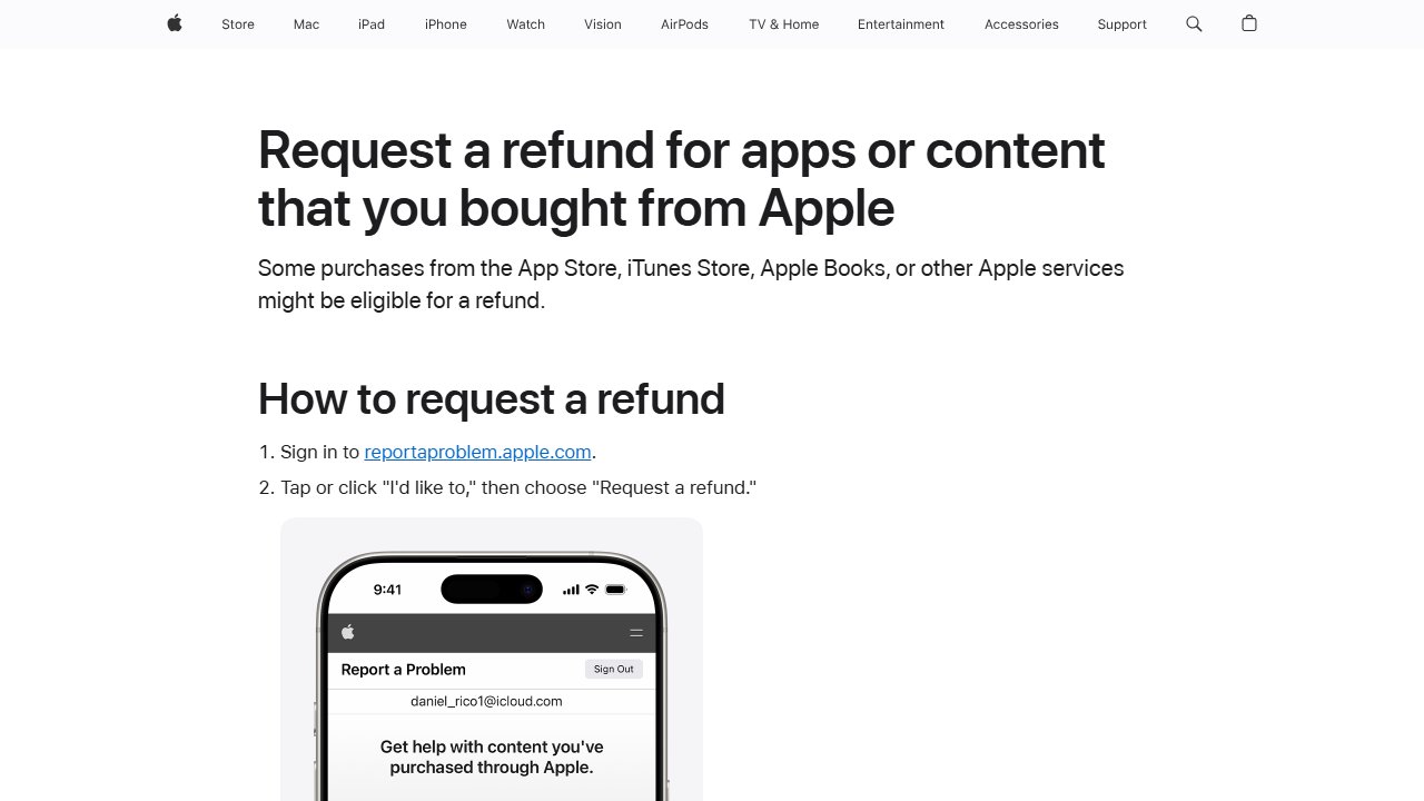 support.apple.com official page screenshot: Request a refund for apps or content that you bought from Apple